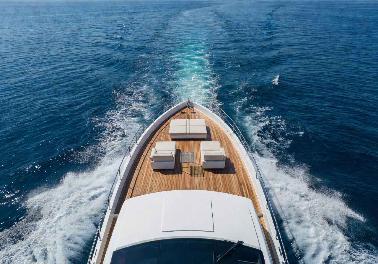 Aerial view of the yacht deck cruising through water