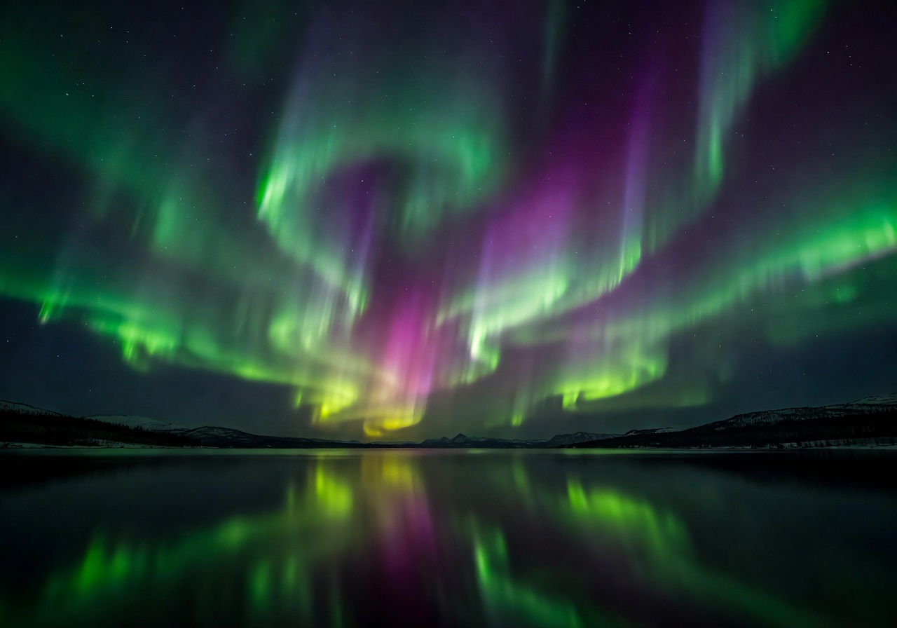 Aurora borealis lighting up the night sky over the water
