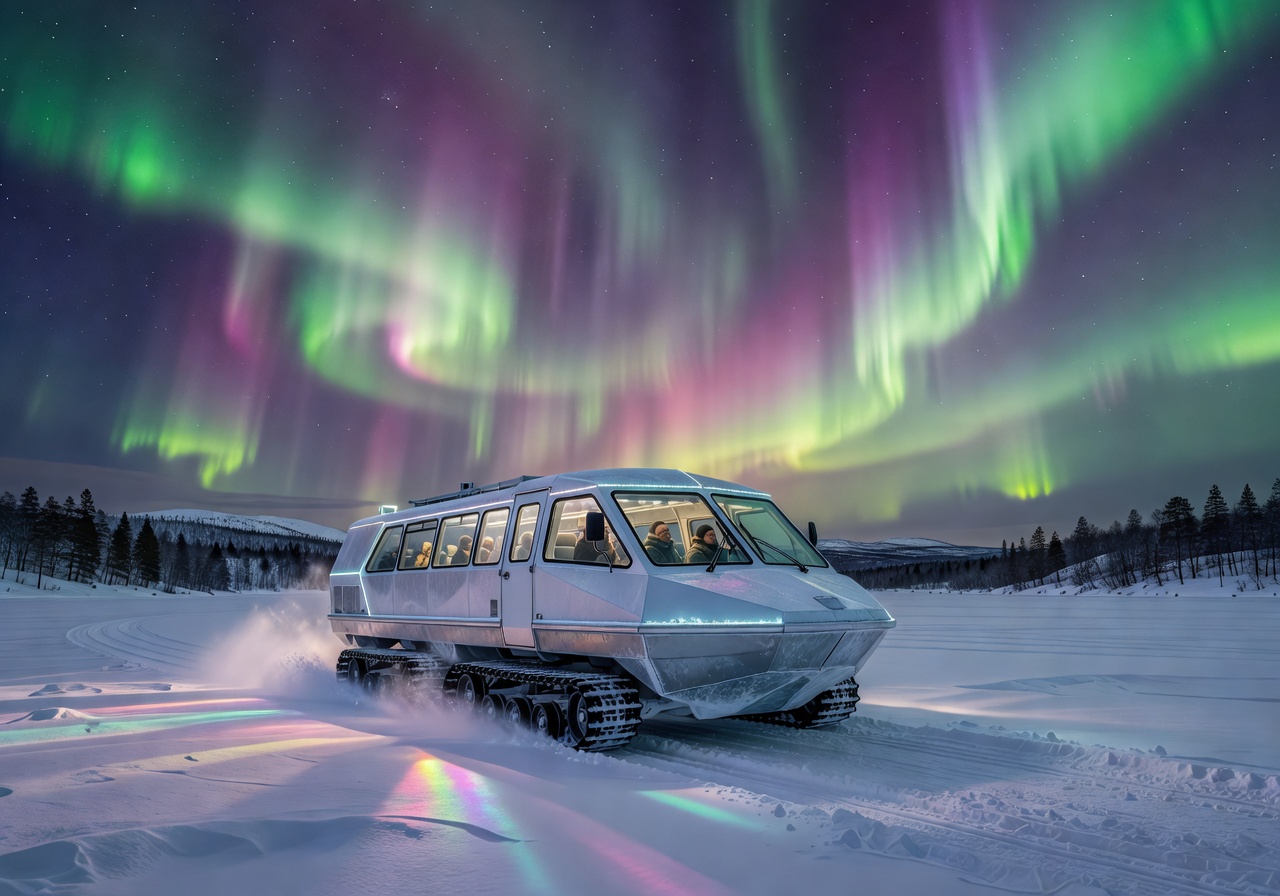 Aurora Spirit Ice Cruiser in Lapland under Northern Lights