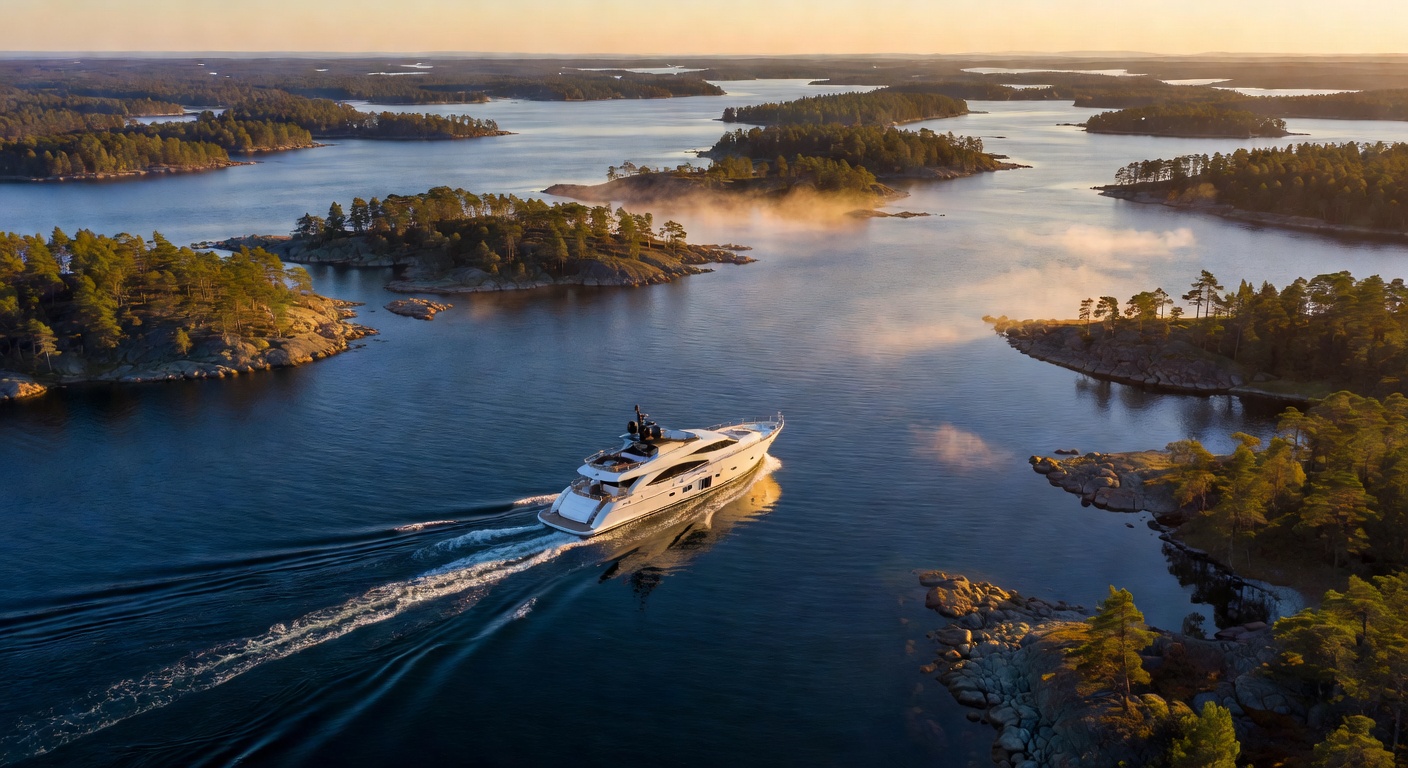 Cinematic aerial view of a luxury yacht cruising through the scenic Helsinki Archipelago