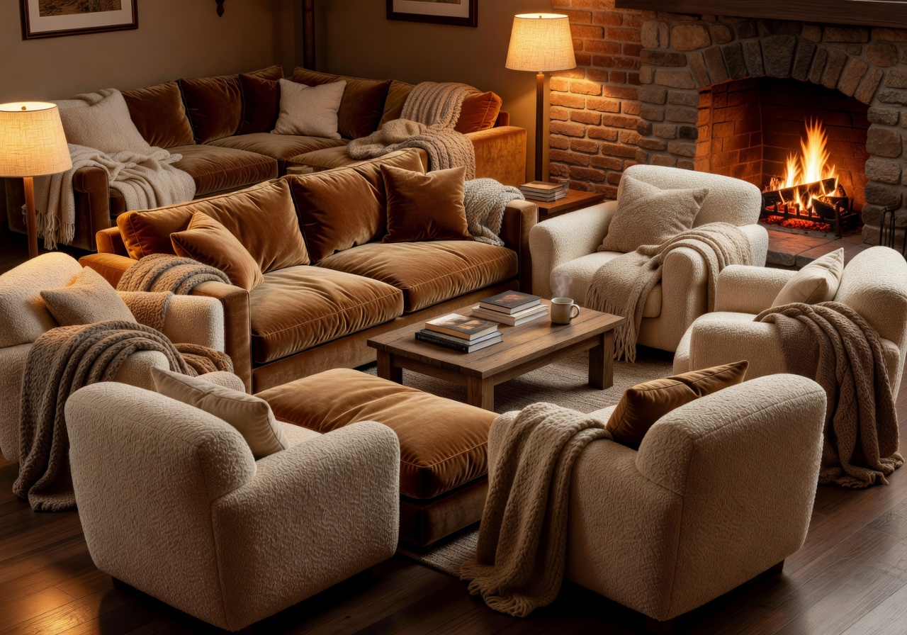 Cozy interior lounge with warm lighting and plush seating