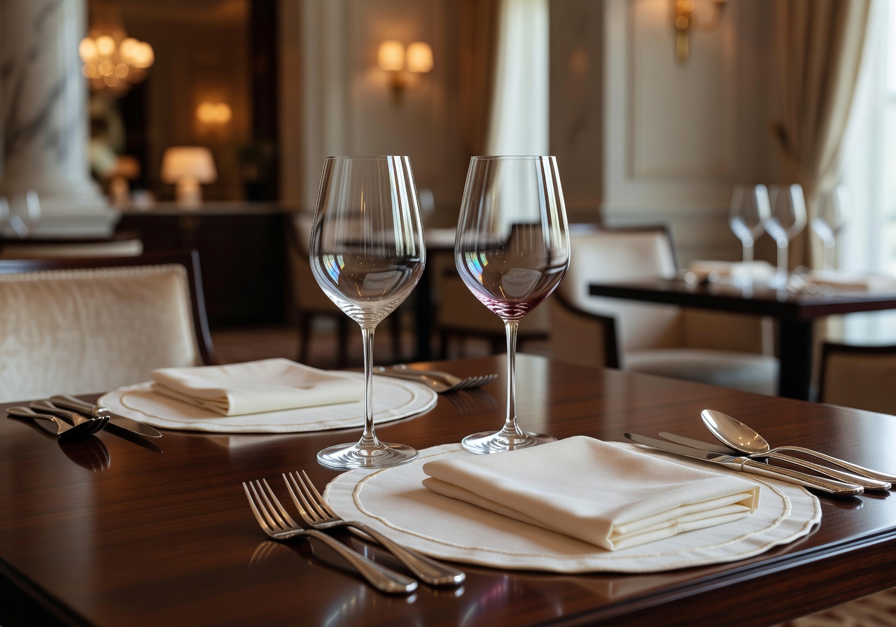 Elegant fine dining setup with wine glasses