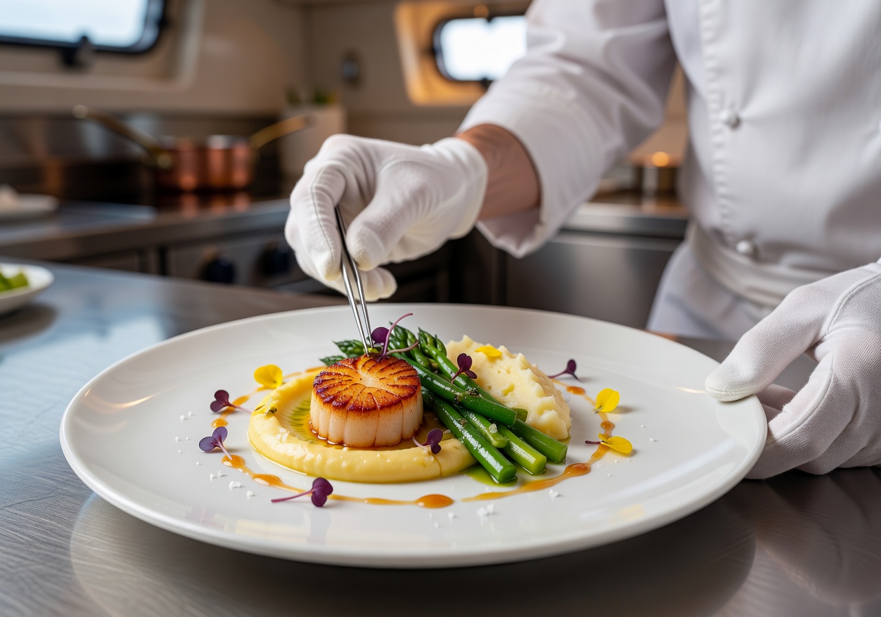 Gourmet dish prepared by a private onboard chef