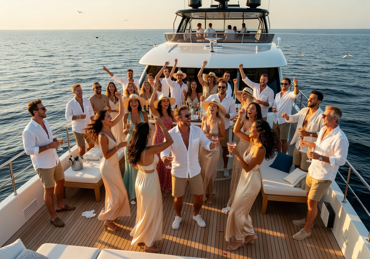 Large group enjoying a party on the yacht deck