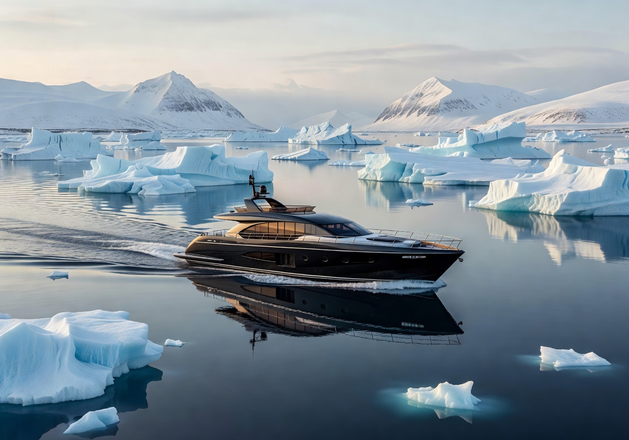 Luxury yacht cruising through calm icy winter waters
