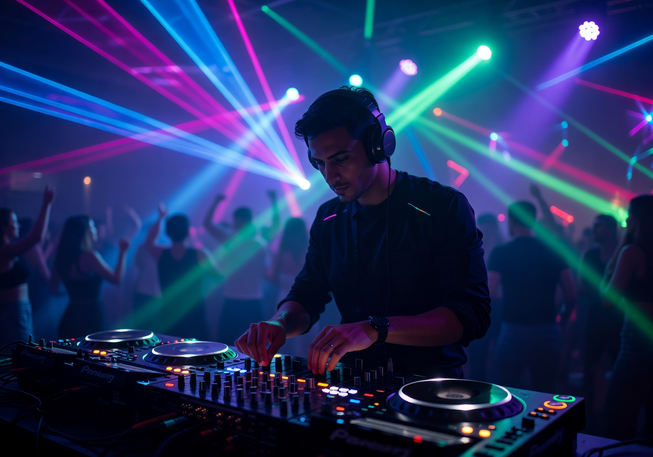 Professional DJ mixing music with vibrant lighting
