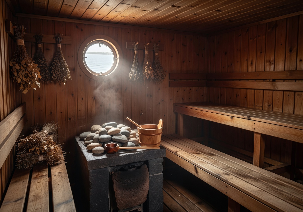Traditional Finnish sauna onboard with wooden interior